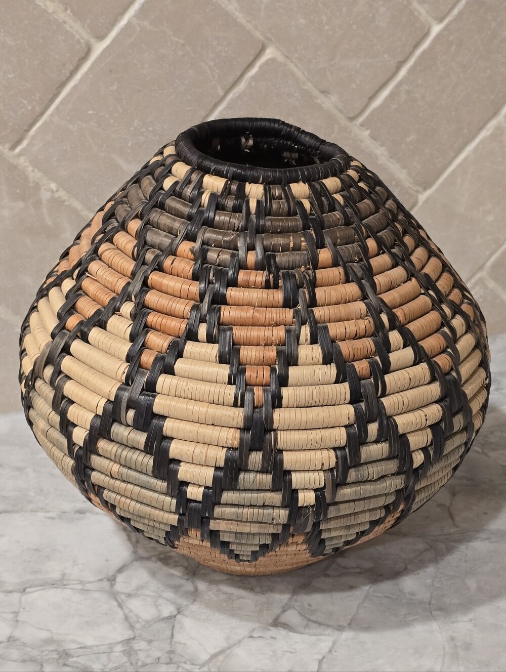 Vintage Large Handwoven Traditional Zulu South African Basket Diamond Pattern